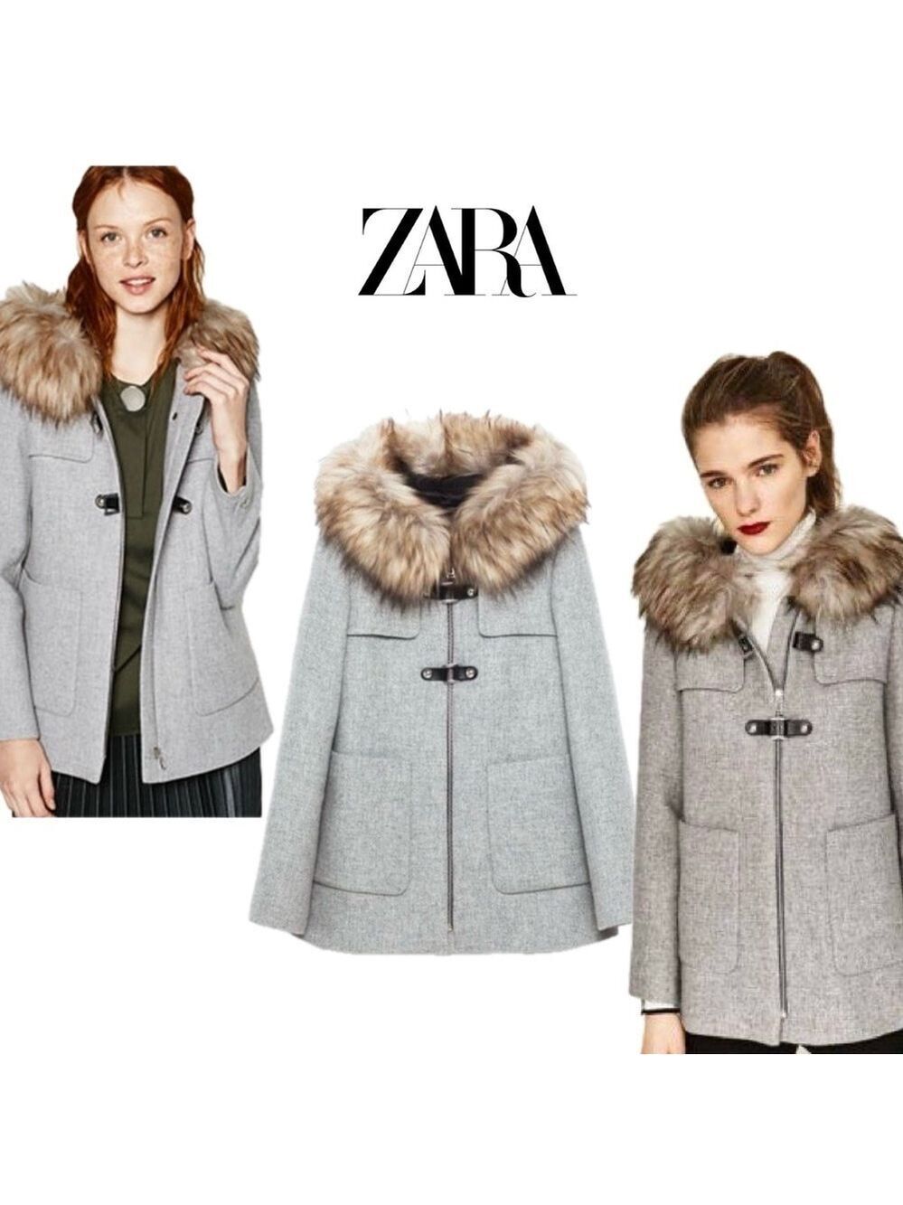 Zara Gray Duffle faux fur Hooded Winter Coat jacket Sz S